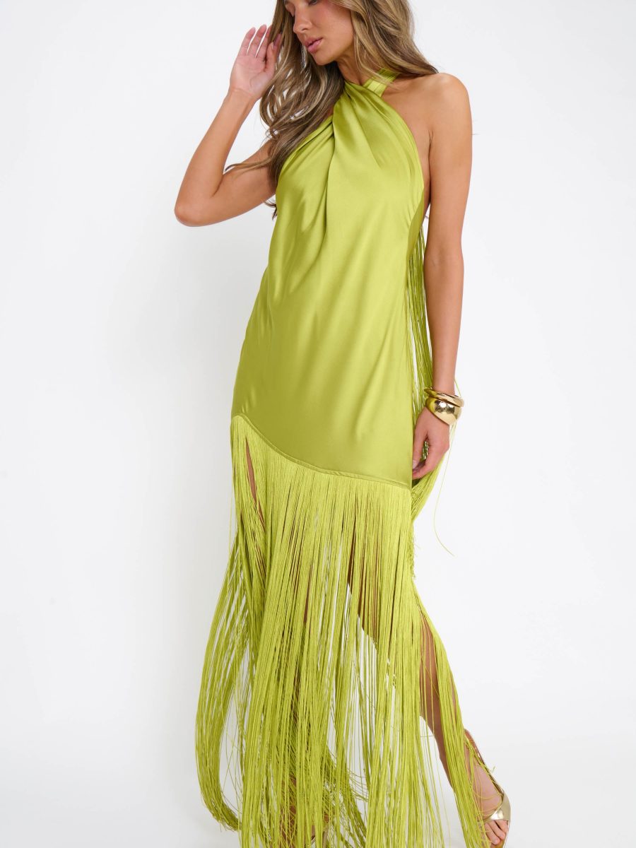 Jasmine Fringe Maxi Dress ~ Chartreuse Luxe Satin