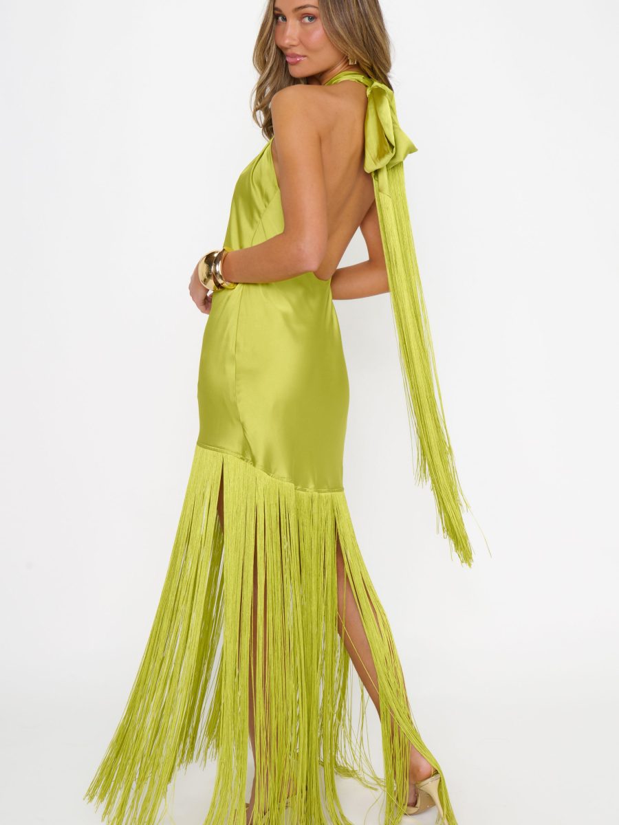 Jasmine Fringe Maxi Dress ~ Chartreuse Luxe Satin