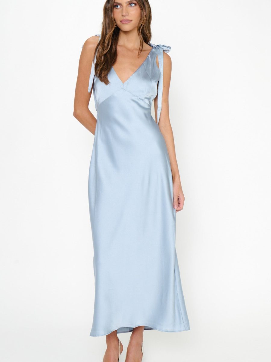 Emma Midi Dress ~ Steel Blue Luxe Satin