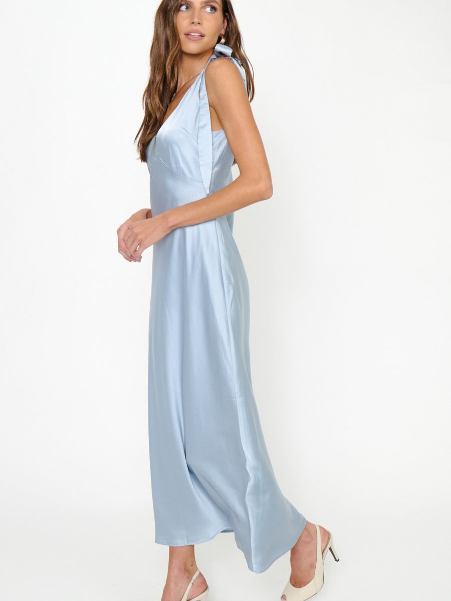 Emma Midi Dress ~ Steel Blue Luxe Satin