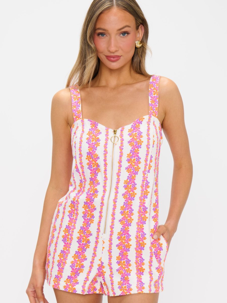 Mission Romper ~ Pink Daisy Stripes Denim