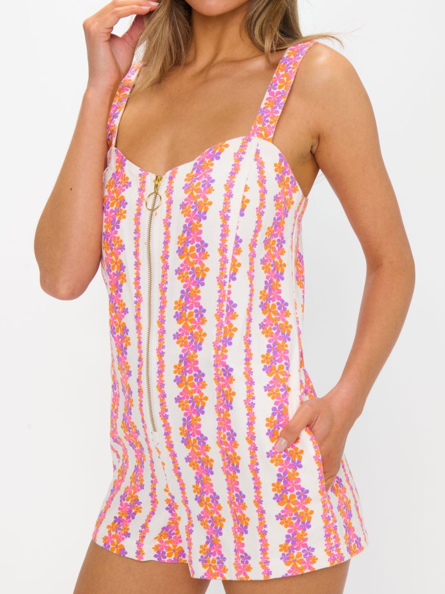 Mission Romper ~ Pink Daisy Stripes Denim