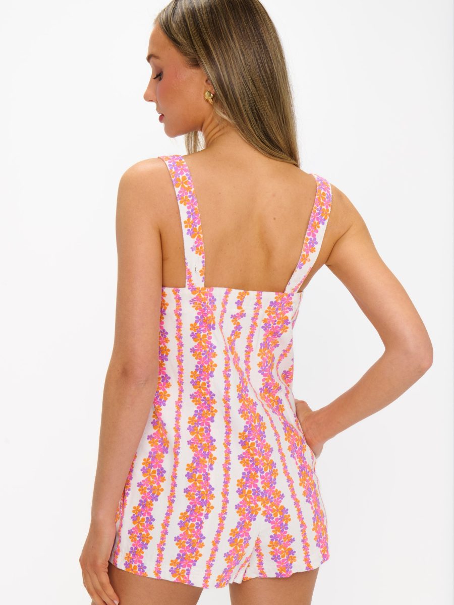 Mission Romper ~ Pink Daisy Stripes Denim
