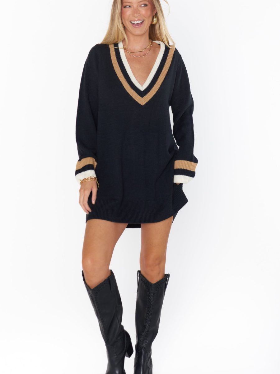 Hartford Sweater Dress ~ Black Varsity Stripe Knit