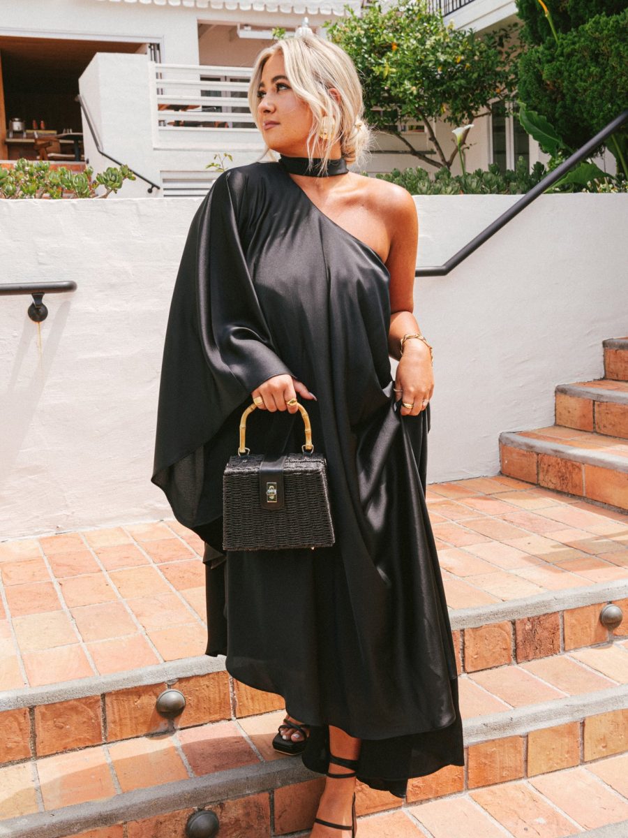 Rhea One Shoulder Dress ~ Black Luxe Satin
