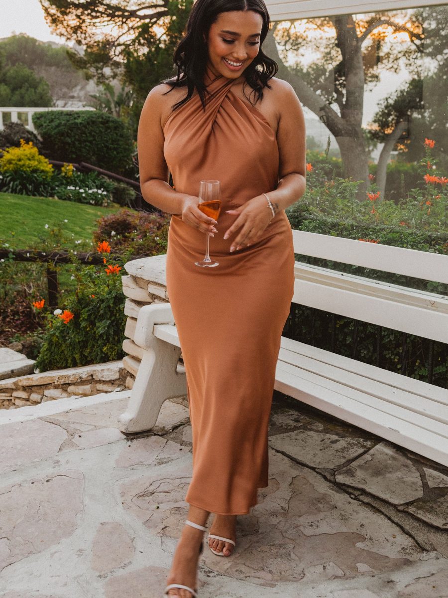 Jasmine Halter Midi Dress ~ Copper Luxe Satin