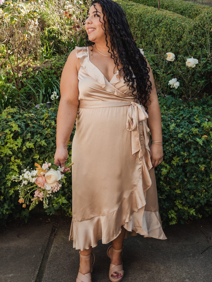 Samantha Ruffle Wrap Dress ~ Champagne Luxe Satin