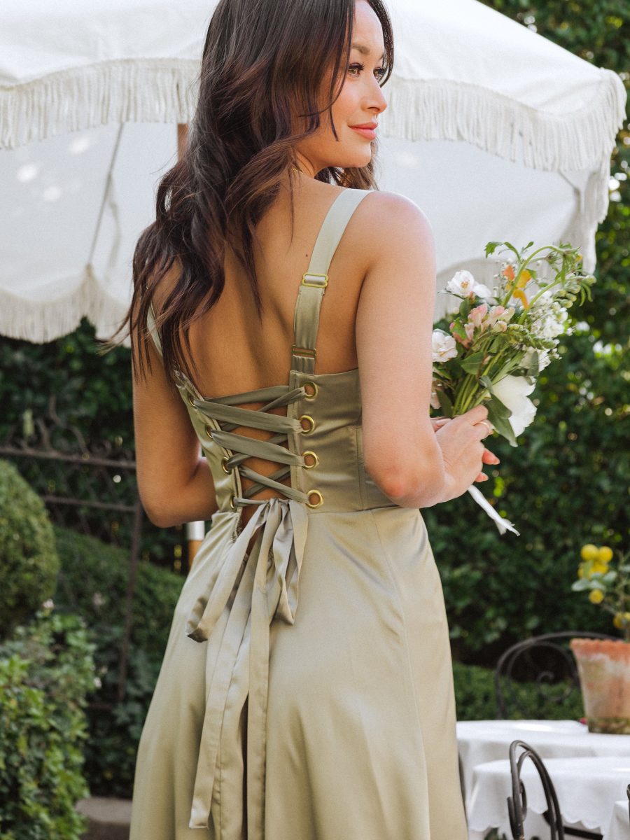 Clarissa Corset Dress ~ Moss Green Luxe Satin