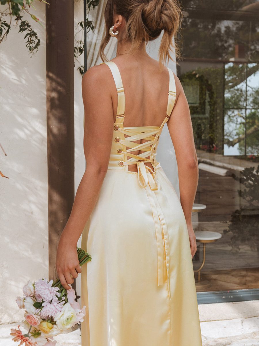 Clarissa Corset Dress ~ Pale Yellow Luxe Satin