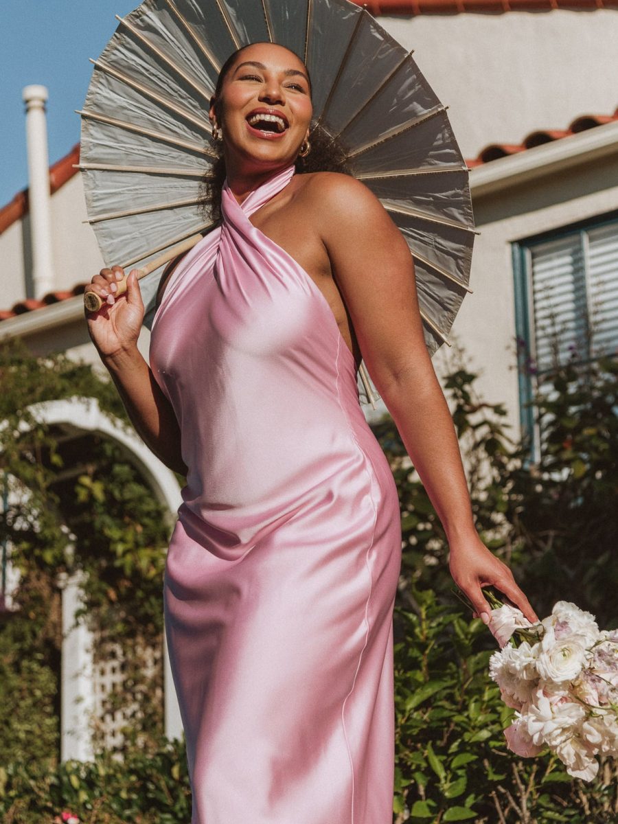 Jasmine Halter Maxi Dress ~ Light Pink Luxe Satin