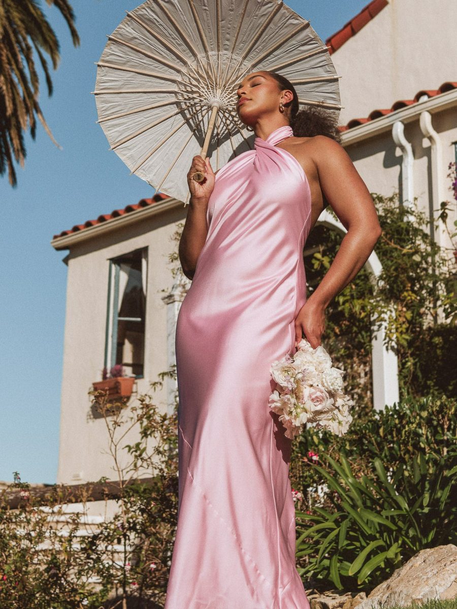 Jasmine Halter Maxi Dress ~ Light Pink Luxe Satin