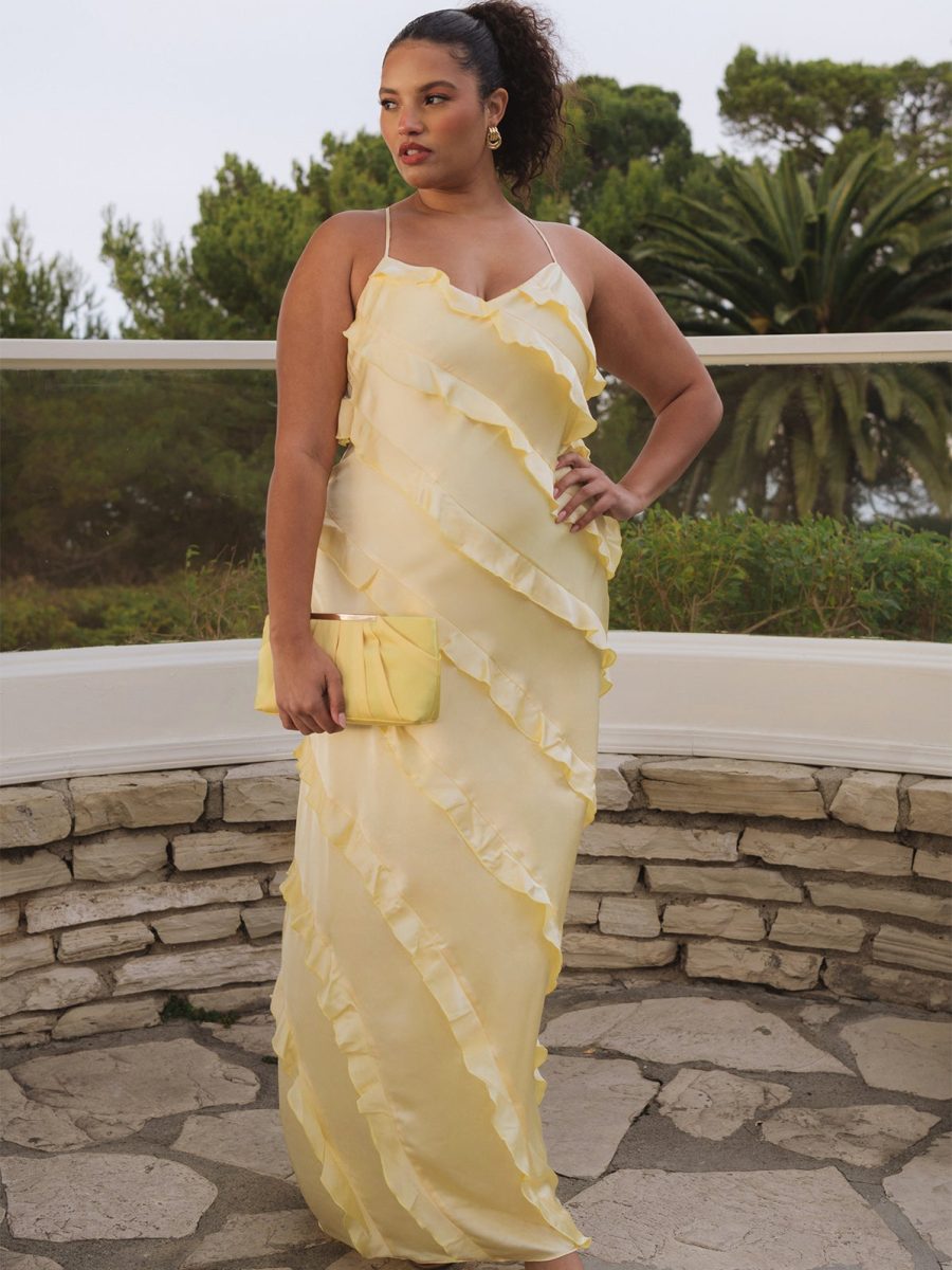 Romance Ruffle Dress ~ Pale Yellow Luxe Satin