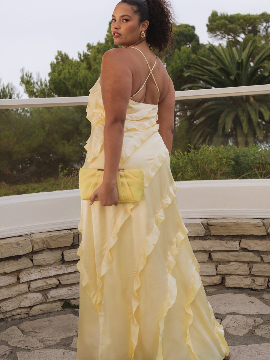 Romance Ruffle Dress ~ Pale Yellow Luxe Satin