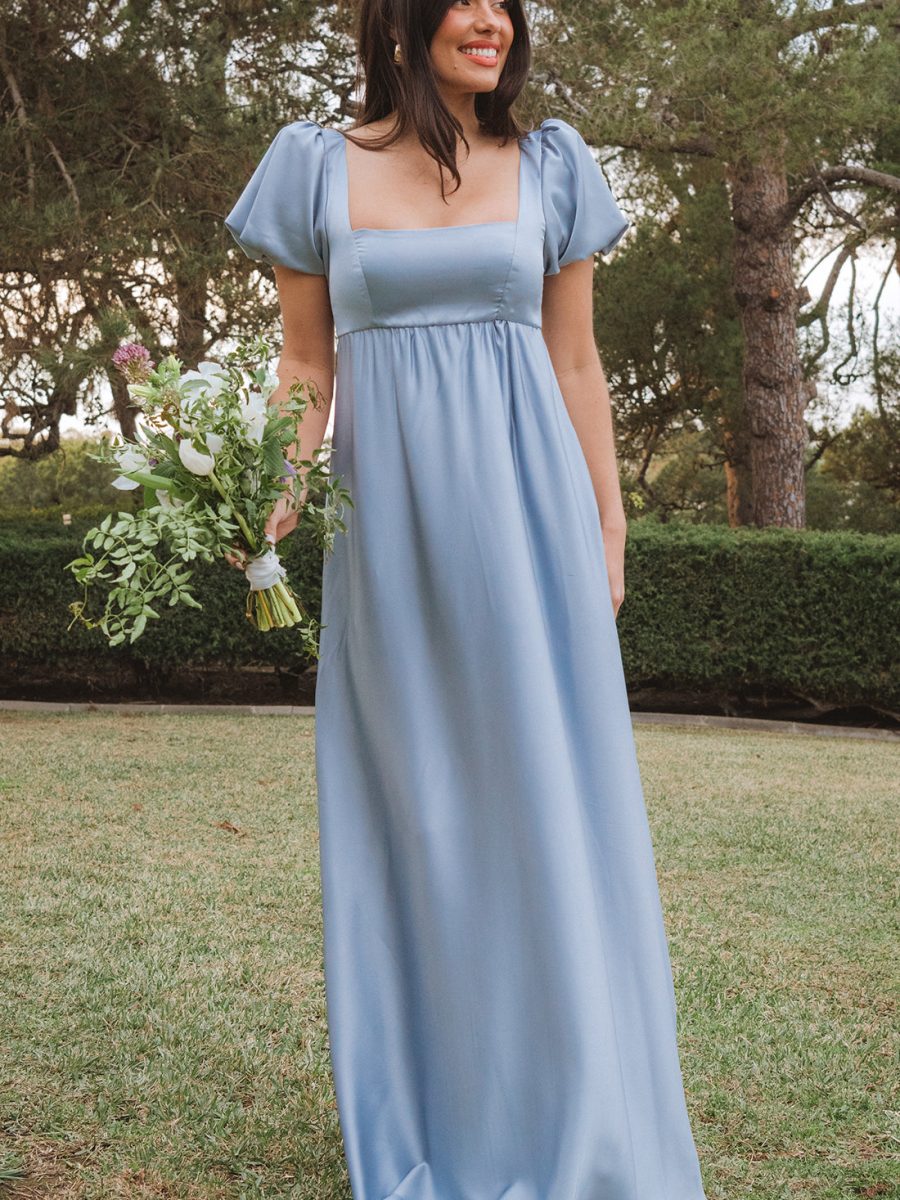 Nora Maxi Dress ~ Steel Blue Luxe Satin