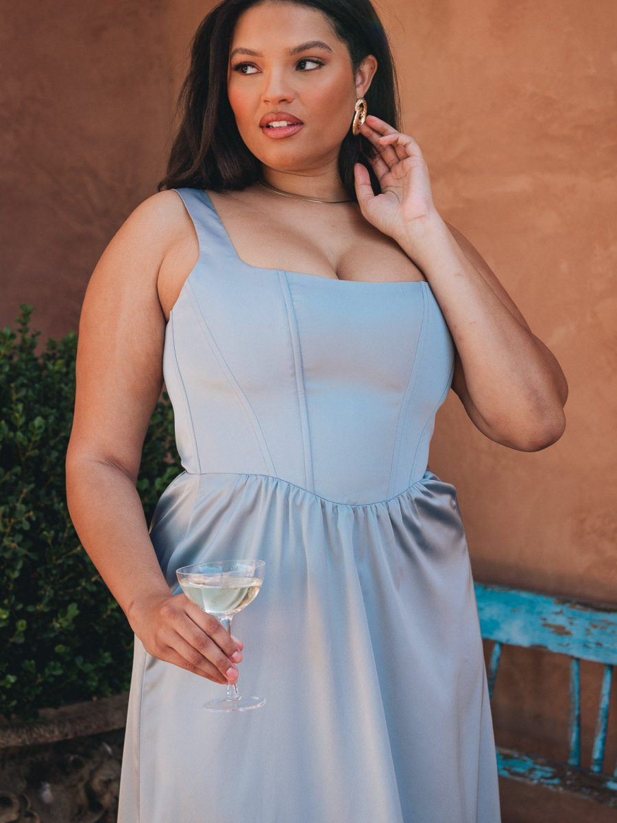 Nina Maxi Dress ~ Steel Blue Luxe Satin