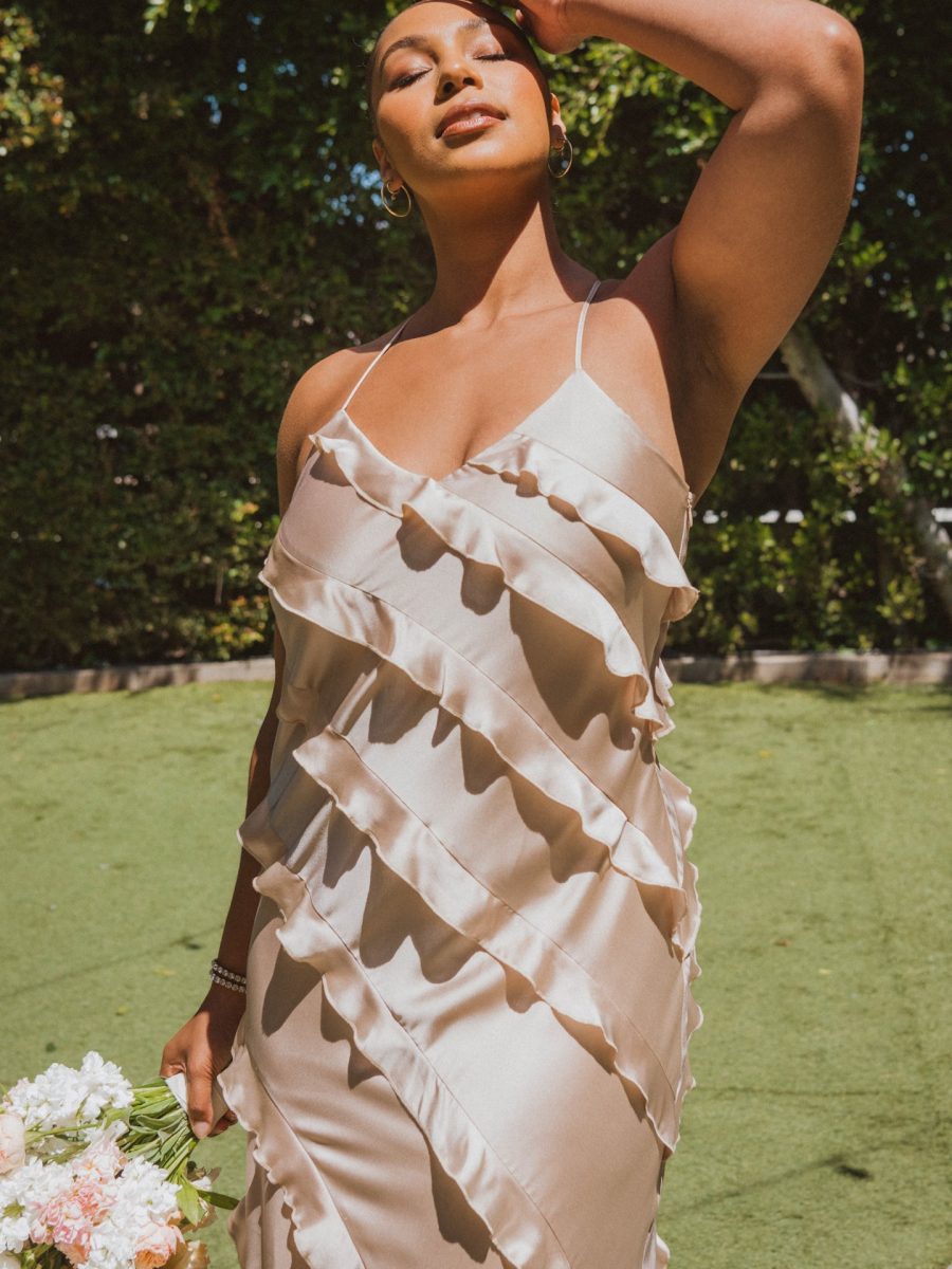 Romance Ruffle Dress ~ Champagne Luxe Satin