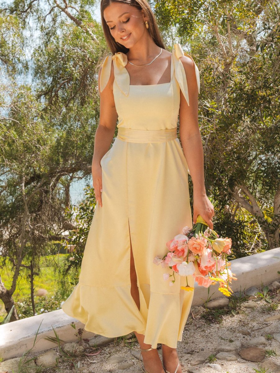 Garden Midi Dress ~ Pale Yellow Luxe Satin