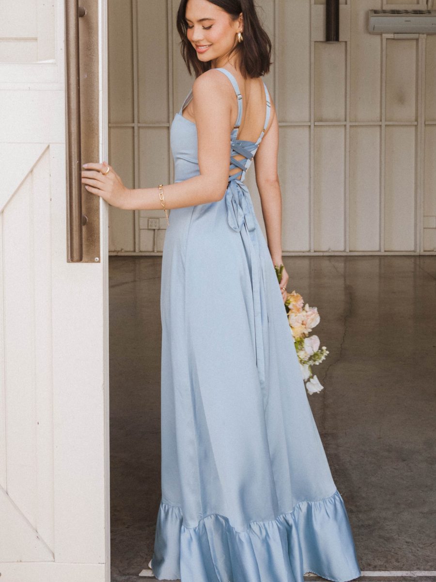 Clarissa Corset Dress ~ Steel Blue Luxe Satin