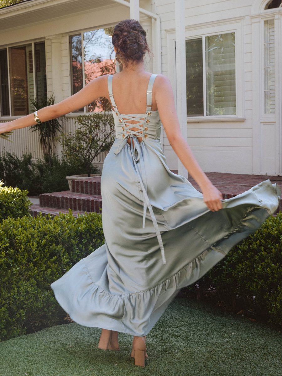 Clarissa Corset Dress ~ Silver Sage Luxe Satin