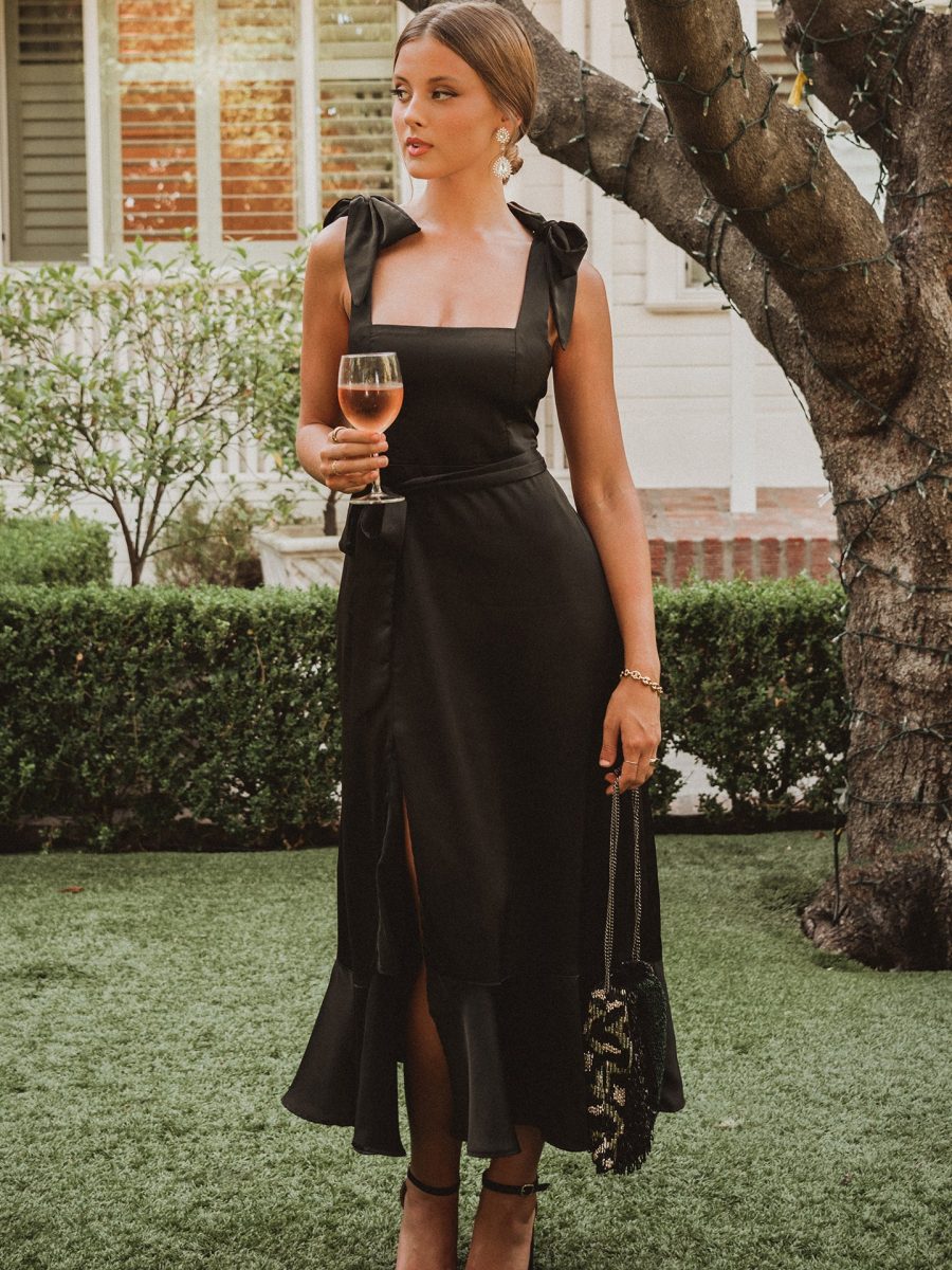 Claire Midi Dress ~ Black Luxe Satin
