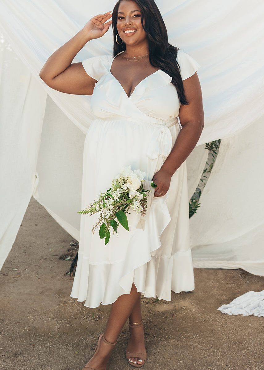 Samantha Ruffle Wrap Dress ~ Ivory Luxe Satin
