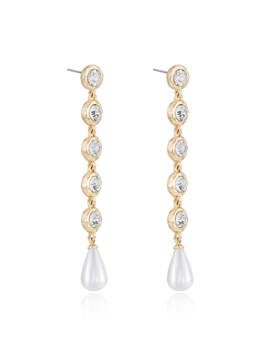 Ettika Elegantly Modern Crystal and Pearl Dangle Earrings ~ Gold