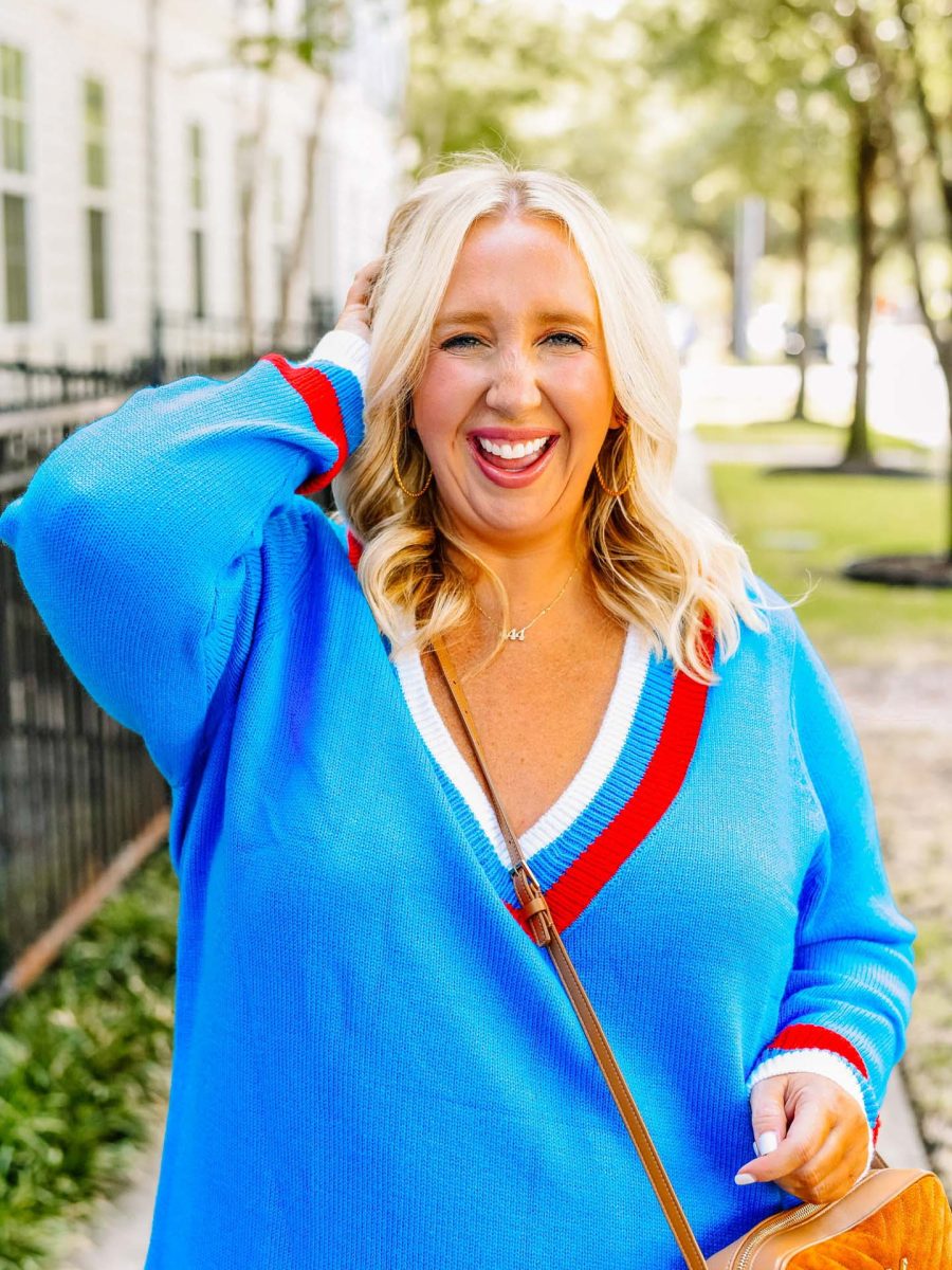 Hartford Sweater Dress ~ Blue Varsity Stripe Knit