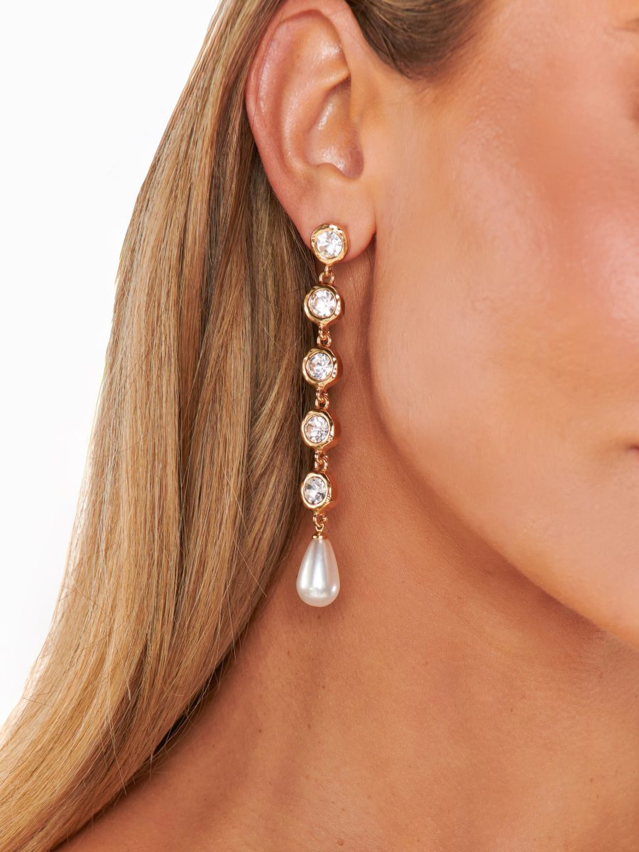 Ettika Elegantly Modern Crystal and Pearl Dangle Earrings ~ Gold