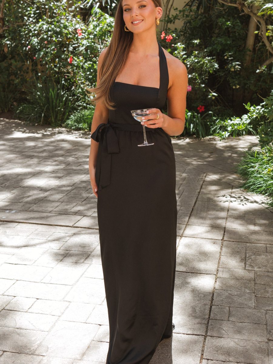 Hazel Halter Maxi Dress ~ Black Luxe Satin