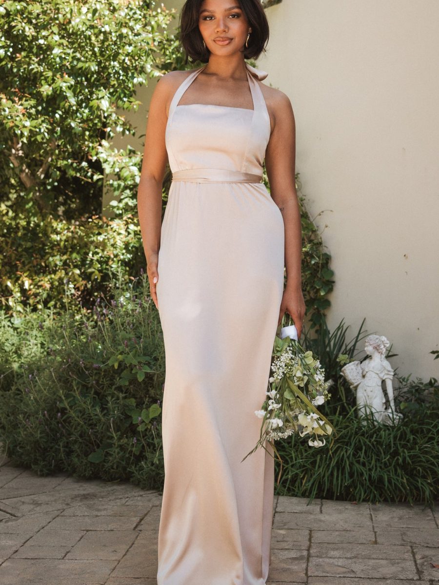 Hazel Halter Maxi Dress ~ Champagne Luxe Satin