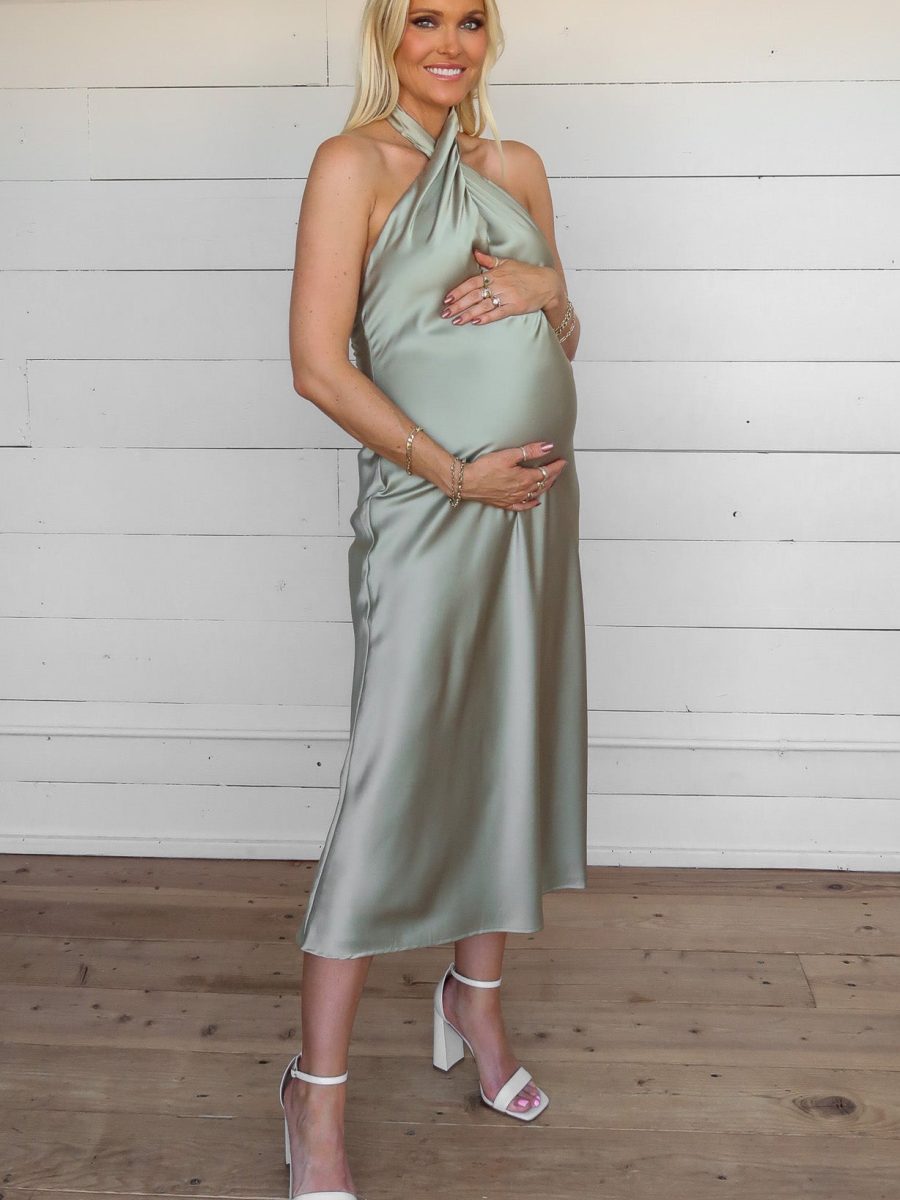 Jasmine Halter Midi Dress ~ Moss Green Luxe Satin