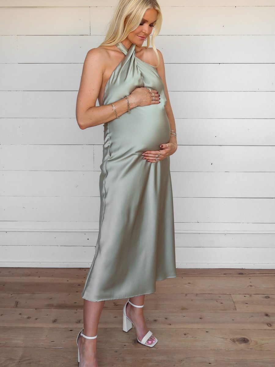 Jasmine Halter Midi Dress ~ Moss Green Luxe Satin