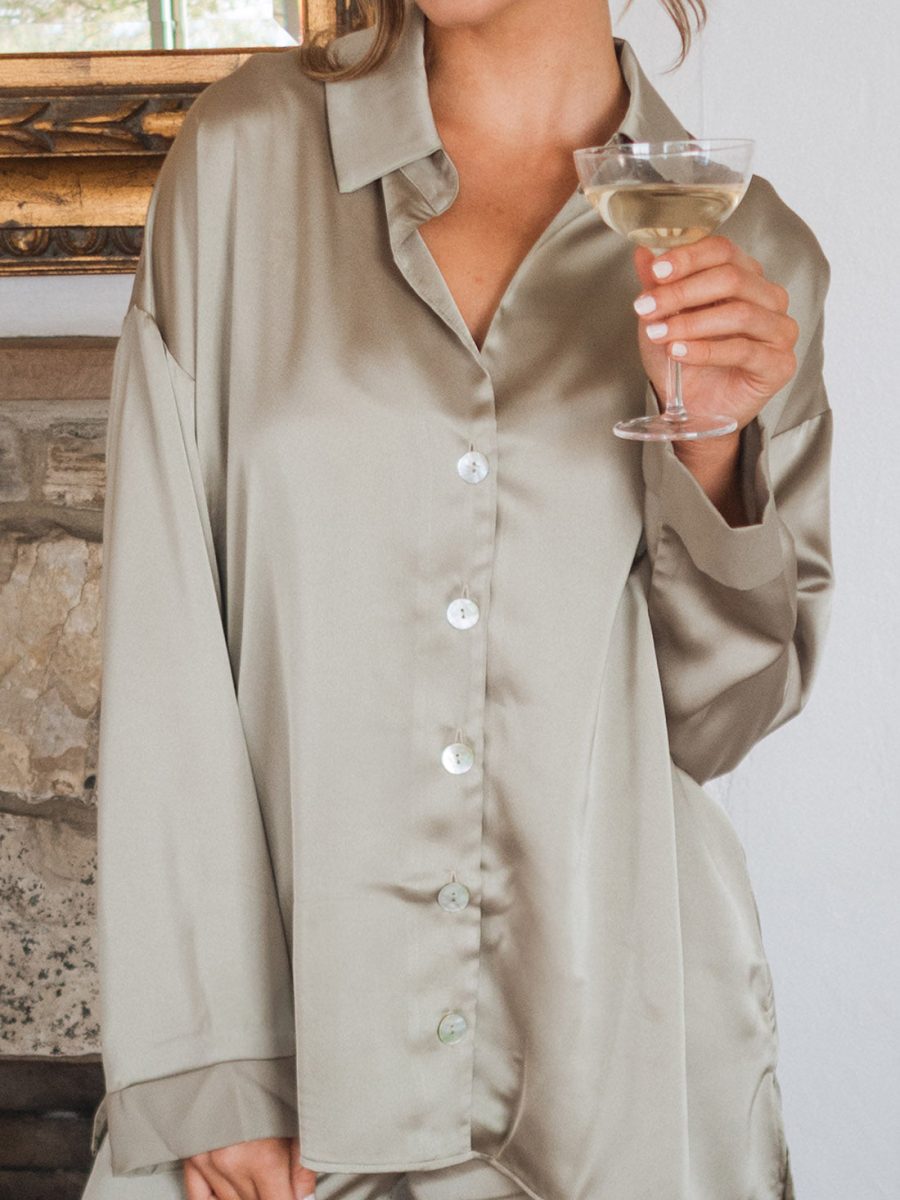 Always and Forever Button Down ~ Moss Green Luxe Satin