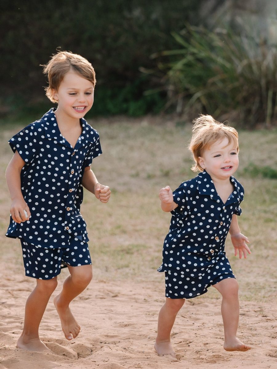 Lil Button Up Shirt ~ Navy Polka Dot