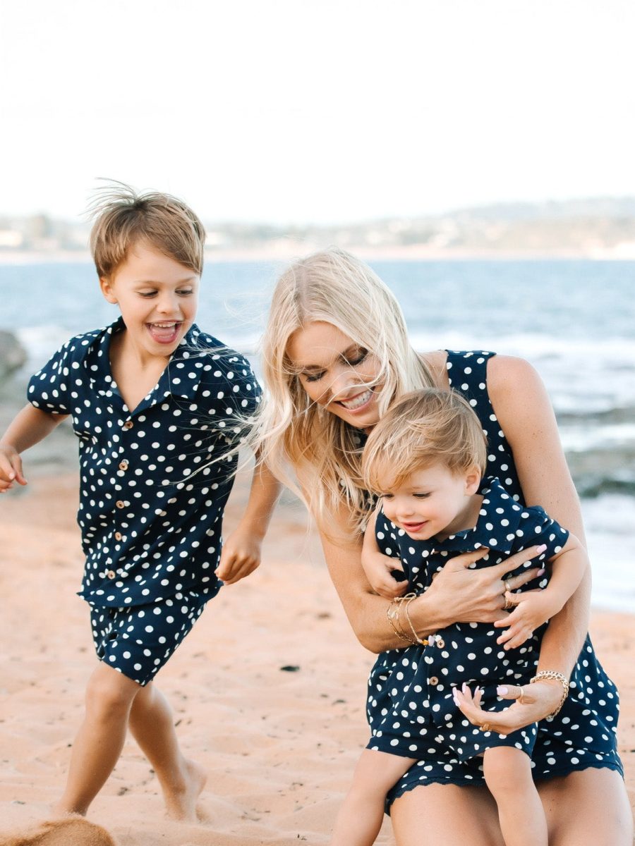 Lil Button Up Shirt ~ Navy Polka Dot