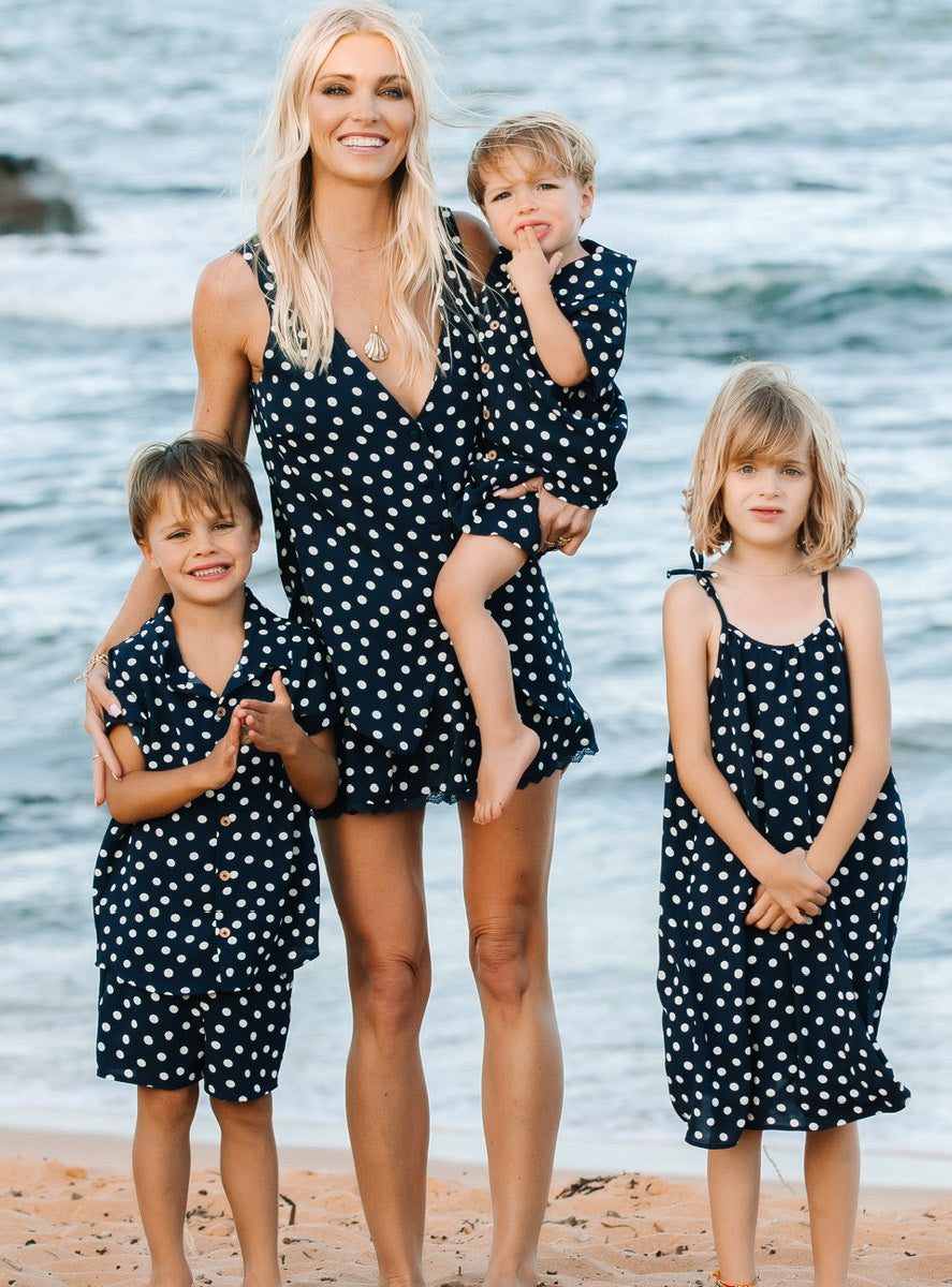 Lil Button Up Shirt ~ Navy Polka Dot