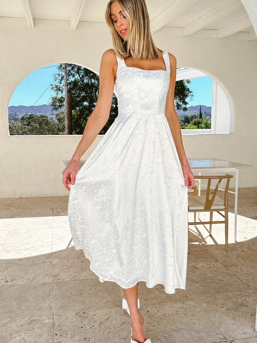 Nina Midi Dress ~ White Rose Satin