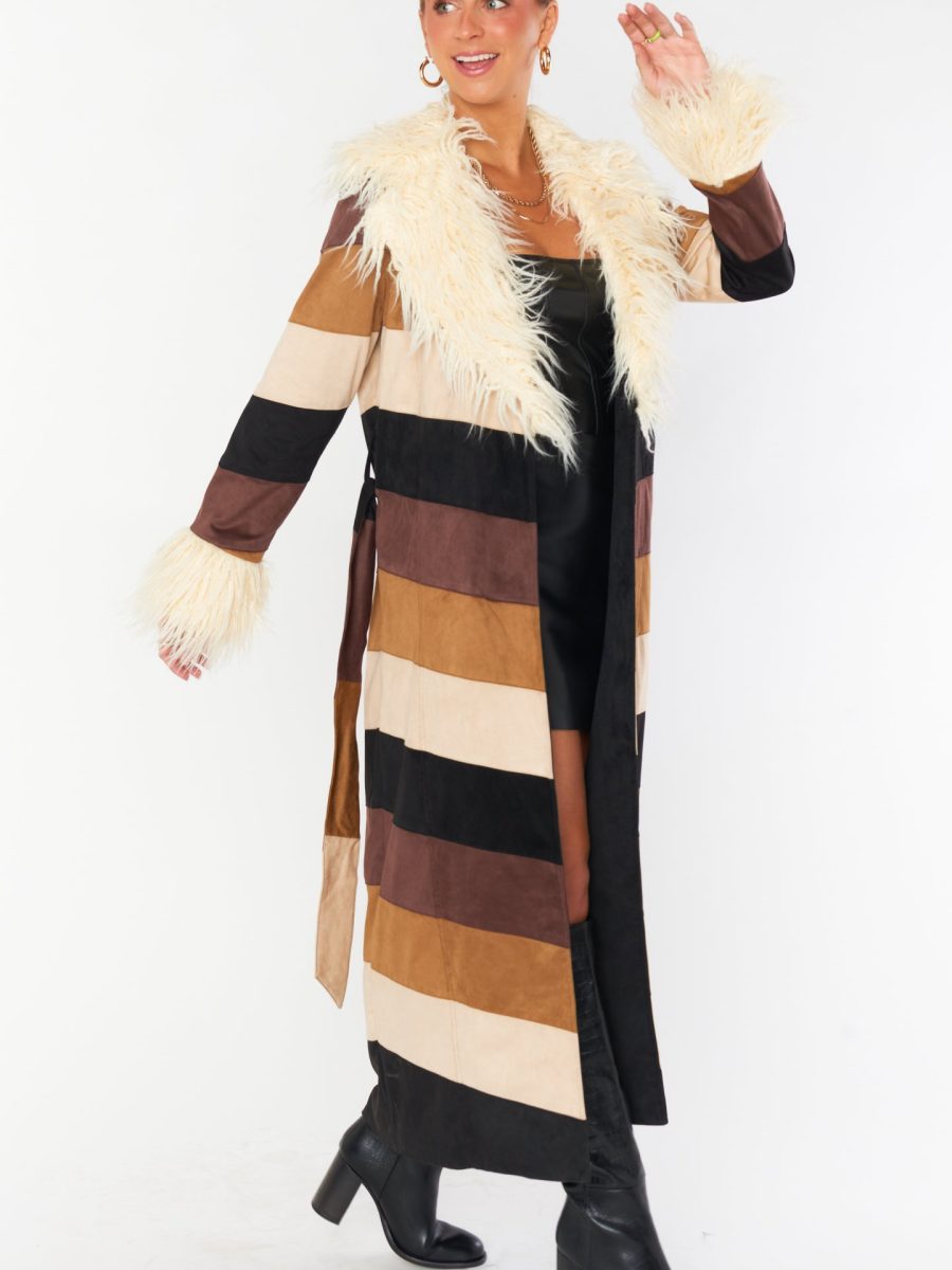 Penny Lane Long Coat ~ Faux Suede Chevron with Faux Fur
