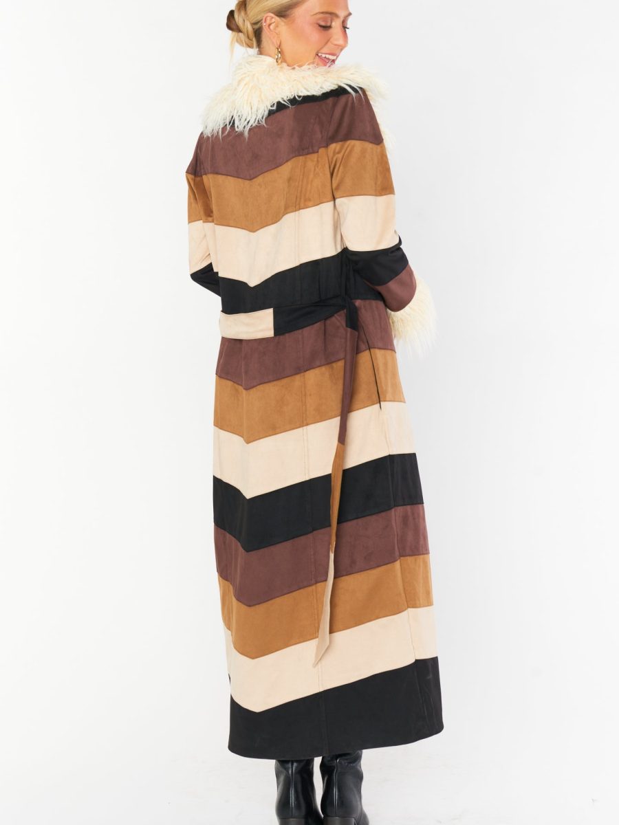 Penny Lane Long Coat ~ Faux Suede Chevron with Faux Fur