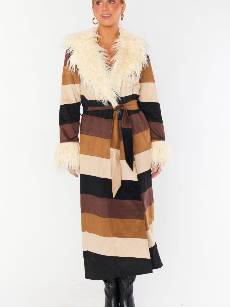 Penny Lane Long Coat ~ Faux Suede Chevron with Faux Fur