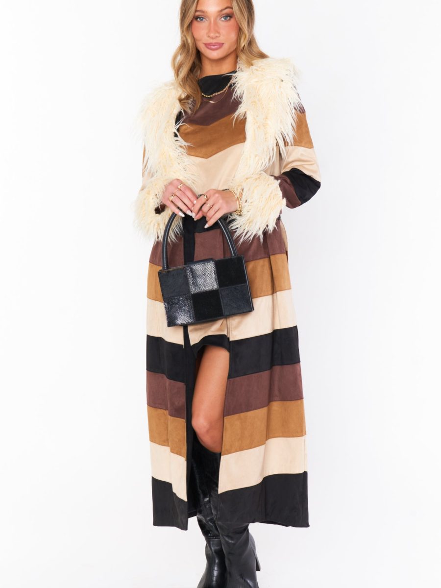 Penny Lane Long Coat ~ Faux Suede Chevron with Faux Fur