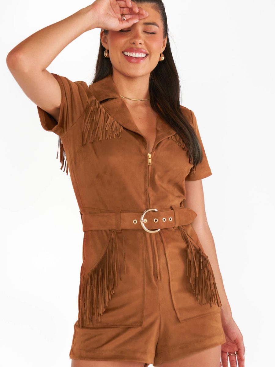 Outlaw Romper ~ Cognac Fringe Faux Suede