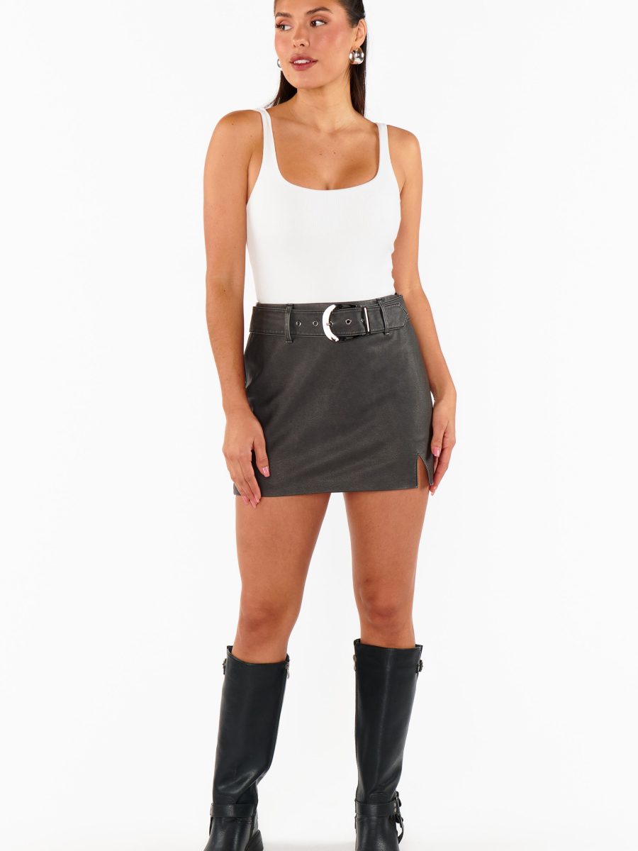 Tyra Belted Skirt ~ Vintage Black Faux Leather
