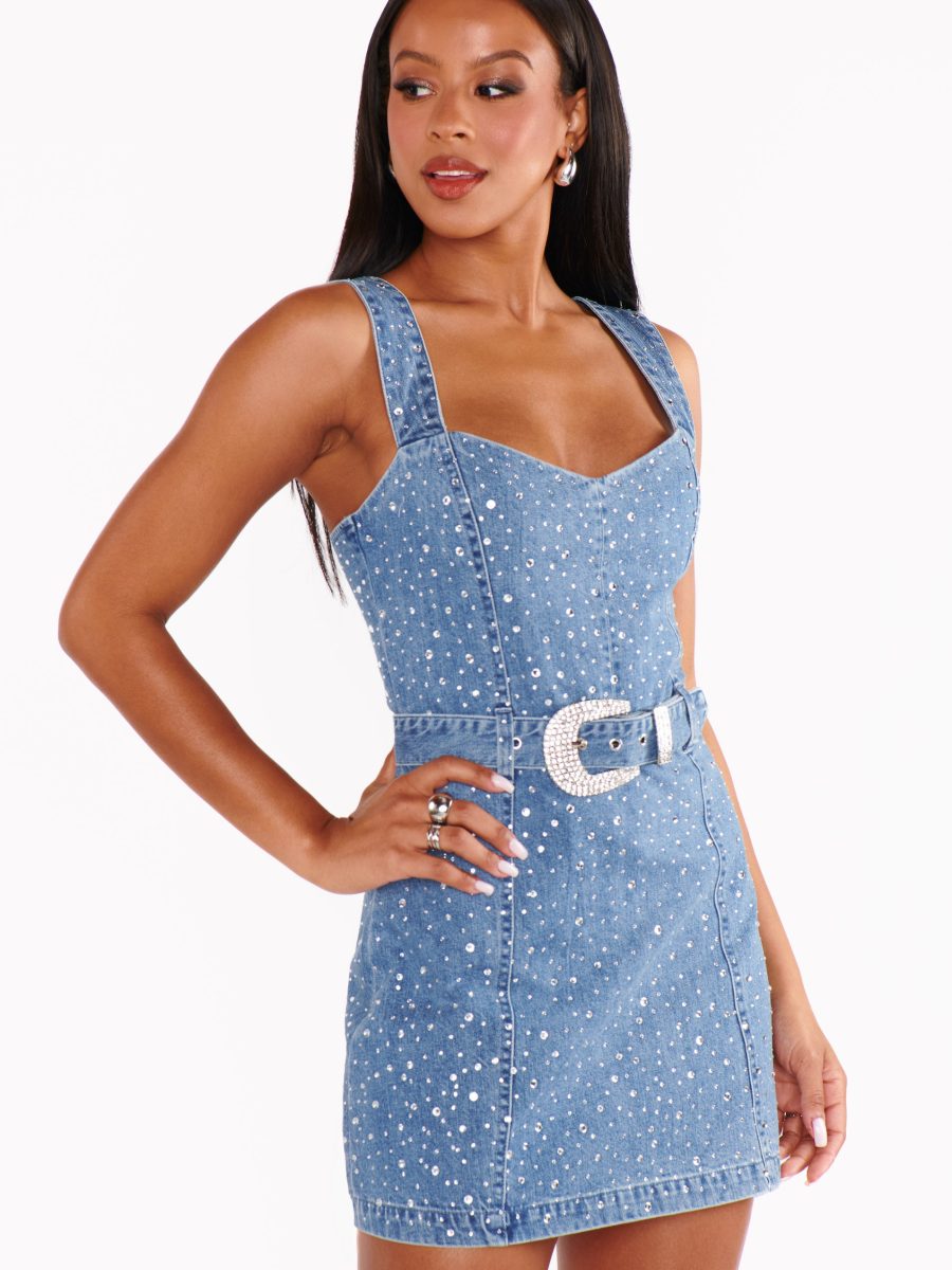 Vegas Mini Dress ~ Embellished Rhinestone Denim