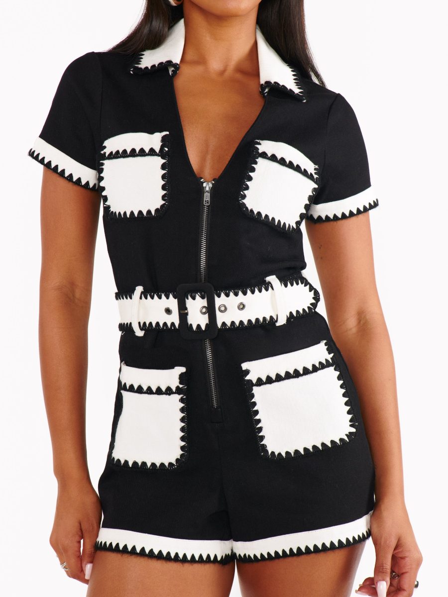 Tempe Romper ~ Black White Colorblock Denim