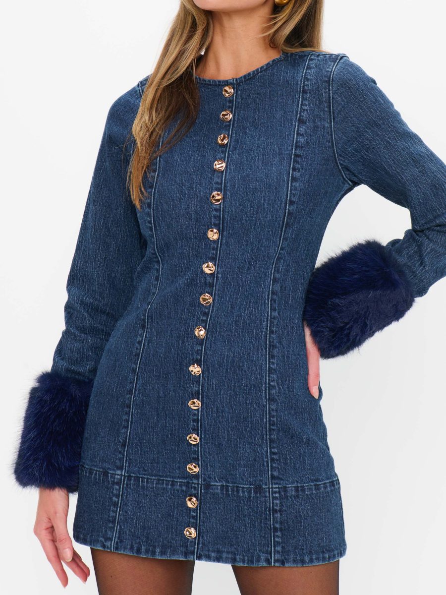 Rockefeller Mini Dress ~ Subzero Indigo with Faux Fur