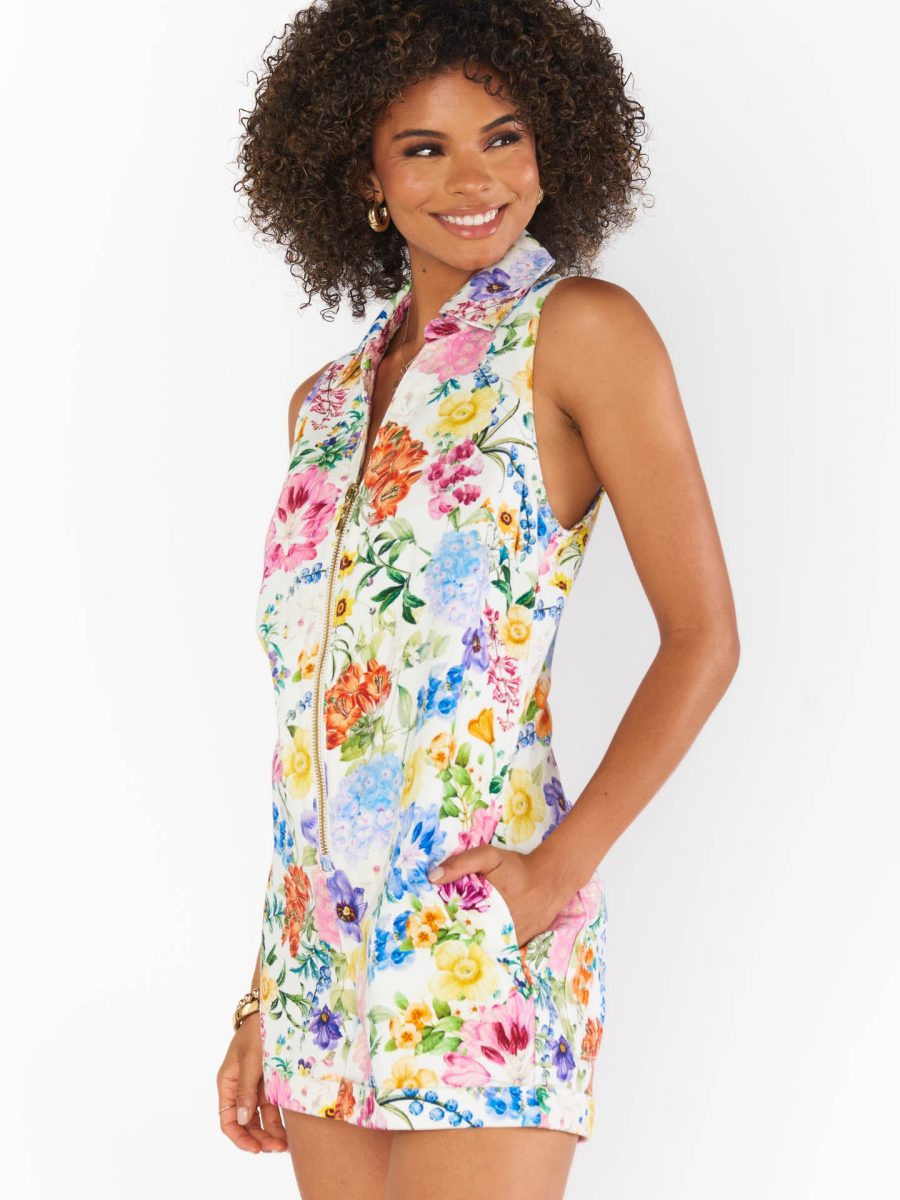 Reno Romper ~ Ivory Botanical Floral Denim
