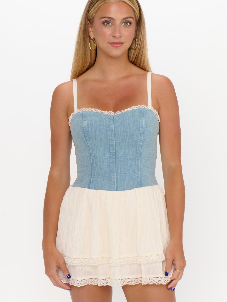 Geneva Mini Dress ~ Light Indigo with Cream Voile