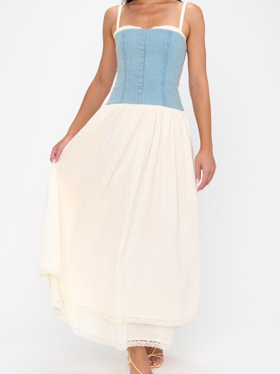 Tiffany Maxi Dress ~ Light Indigo with Cream Voile