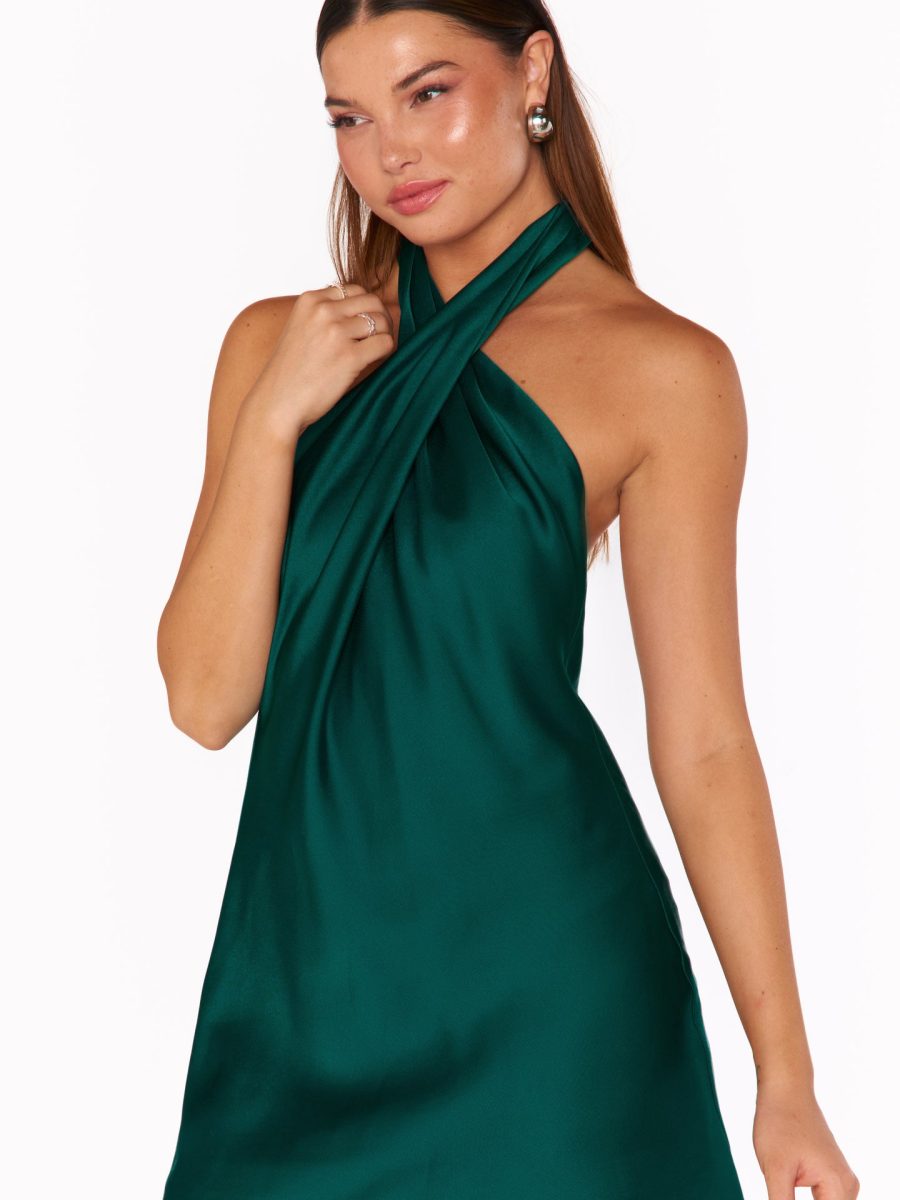 Jasmine Halter Mini Dress ~ Deep Emerald Luxe Satin